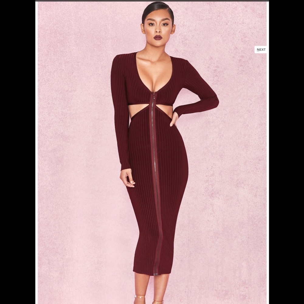 Stella' Dark Red Ribbed Bandage Cut Out Dress